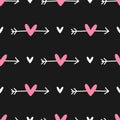 Cute seamless pattern with repeating arrows and hearts. Drawn by hand. Stylish girly print. Black, white, pink. Royalty Free Stock Photo