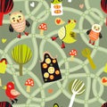 Road seamless pattern with houses and birds