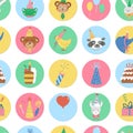 Cute seamless pattern with round Birthday highlight icons or avatar designs with cute animal heads, cake, present. Vector