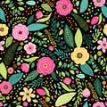 Cute seamless pattern with rustic hand drawn first spring flowers