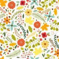 Cute seamless pattern with rustic hand drawn nature elements in traditional autumn colors Royalty Free Stock Photo