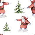 Cute seamless pattern with Santa Claus and spruce tree on white background for Merry Christmas and Happy New Year decor. Hand Royalty Free Stock Photo