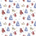 Cute seamless pattern with Santa Claus and spruce tree on white background for Merry Christmas and Happy New Year decor. Hand Royalty Free Stock Photo