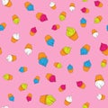 Cute seamless pattern with scattered colored cupcakes. Drawn by hand. Vector illustration. Royalty Free Stock Photo