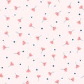 Cute seamless pattern with scattered flowers with stems and dots. Endless girly print.