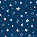 Cute seamless pattern with scattered stars and round dots. Repeated girly print.