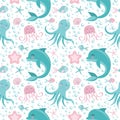 Cute seamless pattern with sea animals. Octopus, dolphin, jellyfish, shell, fish, starfish. Undersea world