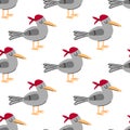 Cute seamless pattern with seagulls wearing red bandanas. Marine summer print with birds.