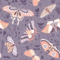 Cute seamless pattern with silhouettes of flowers and butterflies
