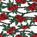 Cute seamless pattern of simple roses with leaves in doodle style on white background Royalty Free Stock Photo