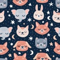 Cute seamless pattern with sleeping animals heads, moon and stars. Hand drawn background with animal for children Royalty Free Stock Photo