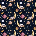 Cute seamless pattern, sleeping cat on moon, space, planet, star, meteor, dark blue background