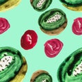 Cute seamless pattern sliced kiwi fruit and red berries watercolor pattern made by hand isolated on mint background Royalty Free Stock Photo