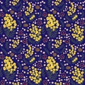 Cute seamless pattern in small flower. Small yellow and white flowers. Dark blue background. Ditsy floral style. Fashion Royalty Free Stock Photo