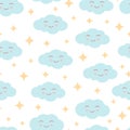 Cute seamless pattern with smiling blue clouds and yellow stars on a white background. Vector illustration for fabrics Royalty Free Stock Photo