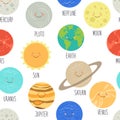 Cute seamless pattern with smiling cartoon characters of planets of solar system. Childish background Royalty Free Stock Photo