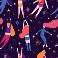 Cute Seamless pattern with space elements and pretty girl in pajamas. Cartoon style wallpaper with sleeping fly girl and