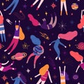 Cute Seamless pattern with space elements and pretty women. Cartoon style wallpaper with sleeping fly girl, comets