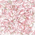 Cute seamless pattern of spring delicate pink sprigs of flowering fruit tree on white background