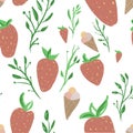 A cute seamless pattern of strawberries ice cream and leaves on a white background