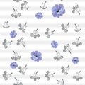 Cute seamless pattern with stylized blue poppies and black silhouettes of umbrella flowers on striped background in vector. Royalty Free Stock Photo