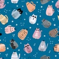 Cute seamless pattern with stylized cartoon cats. Space. Adorable doodle characters. Design for cloth, textile, paper