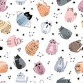 Cute seamless pattern with stylized cartoon cats. Space and stars. Adorable doodle characters. Design for cloth, textile, paper