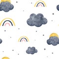 Cute seamless pattern with sun, clouds and rainbows in watercolor isolated on white background. Hand drawn Scandinavian style