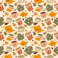 Cute seamless pattern with teapots, coffee cups, autumn leaves, books, candles