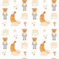Cute seamless pattern with a teddy bear, moon with clouds, in Scandinavian style. Vector print in boho style for a child Royalty Free Stock Photo