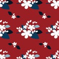 Cute seamless pattern of tiny white flowers with leaves on red background