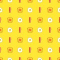 Cute seamless pattern with toast, bacon and eggs. Cartoon food and drink background in vector Royalty Free Stock Photo
