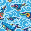 Cute seamless pattern with tribal whales and blue waves