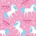 Cute seamless pattern with unicorn blue mane on a pink background Vector Royalty Free Stock Photo