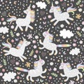 Cute seamless pattern with unicorns. Magic background. Vector illustration