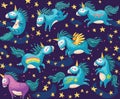 Cute seamless pattern with unicorns in the night sky