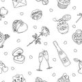 Cute seamless pattern with Valentine's Day doodle items on a white background. Handmade vector illustration