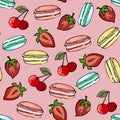 Seamless pattern with colorful macaroon cake,strawberries and cherries