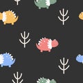 Cute seamless pattern with varied dinosaurs, mountains, volcanoes, palm trees, clouds. Creative childish background for