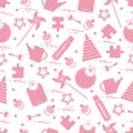 Cute seamless pattern with variety children`s goods and toys: bi