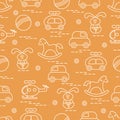 Cute seamless pattern with variety of children's toys: rocking h