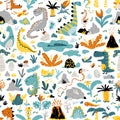 Cute seamless pattern with a variety of dinosaurs, birds, snakes, insects in the jungle, tropics, volcanoes, palm trees