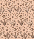 Cute seamless pattern vector background with hand drawn floral elements - flowers and leaves in simple style in black ink outline Royalty Free Stock Photo