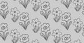 Cute seamless pattern vector background with hand drawn floral elements - flowers and leaves in simple style in black ink outline Royalty Free Stock Photo