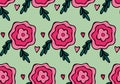 Cute seamless pattern vector background with hand drawn floral elements - roses, peony flowers and leaves in simple style in black Royalty Free Stock Photo