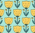 Cute seamless pattern vector background with hand drawn yellow tulip flower doodle with hearts in simple style on blue Royalty Free Stock Photo