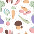 Cute seamless pattern with vegetables. Colorful healthy food background. Organic food