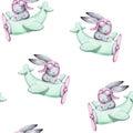 Cute seamless pattern watercolor cartoon bunny on blue airplane.