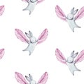 Cute seamless pattern watercolor cartoon bunny with pink wings. Summer illustration. For baby textile, fabric, print and wallpaper