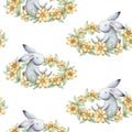 Cute seamless pattern watercolor cartoon bunny with yellow flowers wreath. Summer illustration.